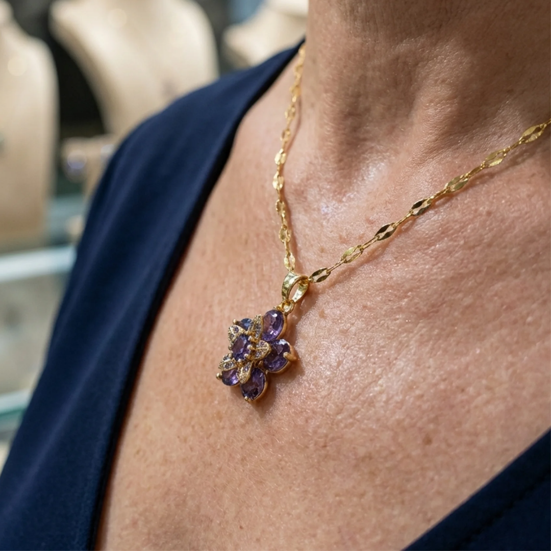 Adeline Violet Flower Necklace | Gold
