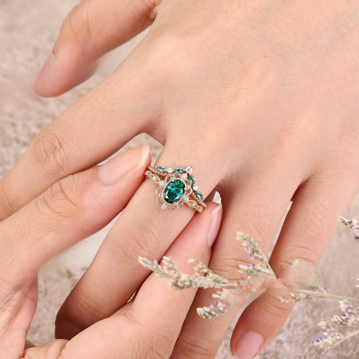 Aurelia Emerald Crown Ring Set | Rose Gold