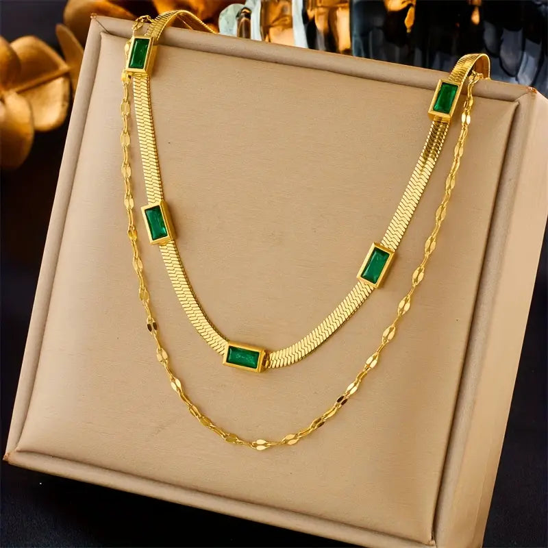 Serena Gem Double-Layer Retro Necklace | Gold