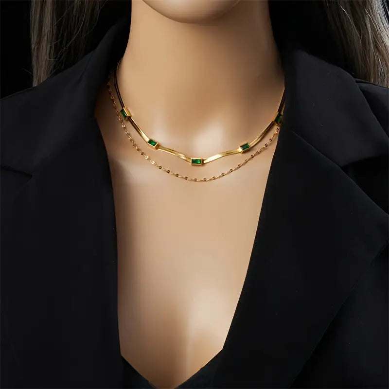 Serena Gem Double-Layer Retro Necklace | Gold