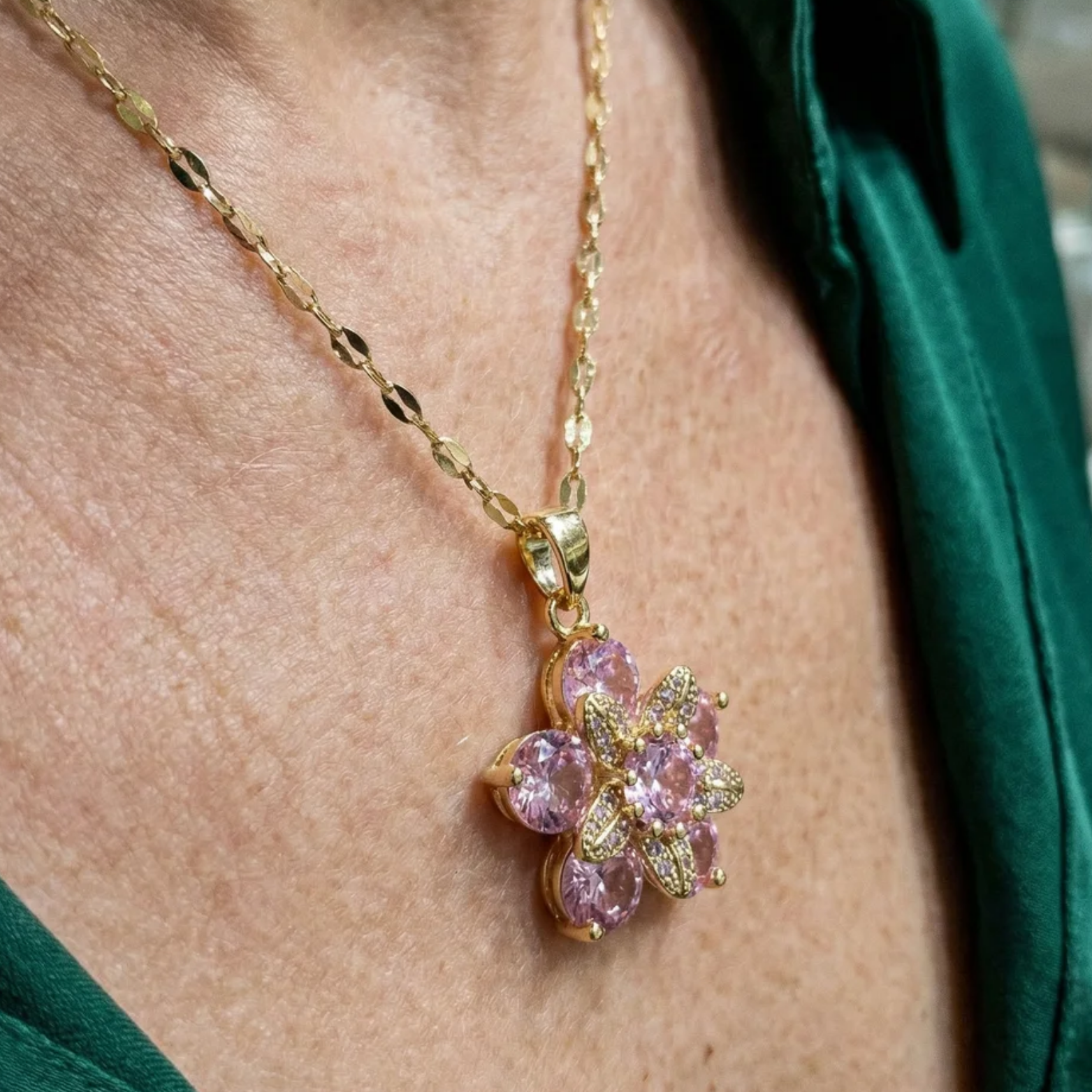 Amalia Pink Flower Necklace | Gold