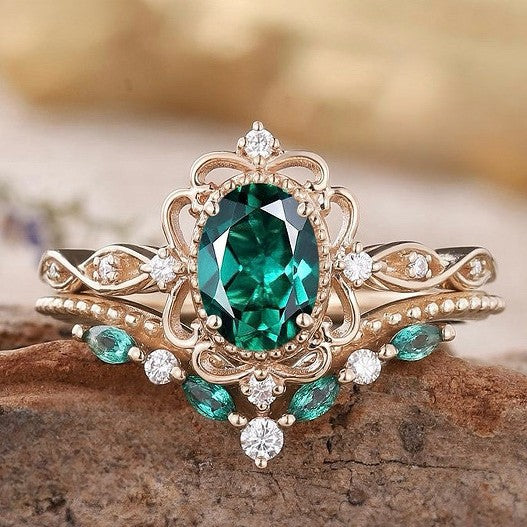 Aurelia Emerald Crown Ring Set | Rose Gold