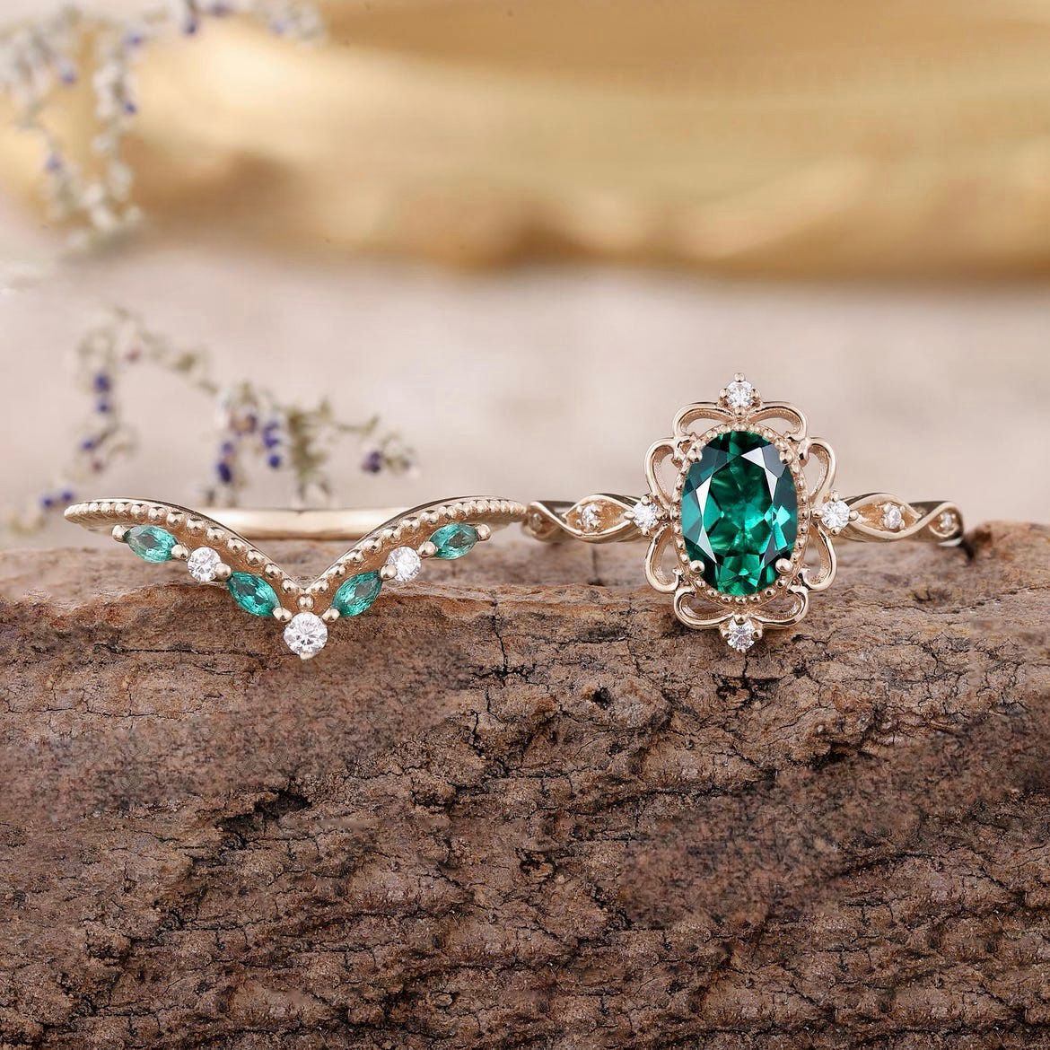 Aurelia Emerald Crown Ring Set | Rose Gold
