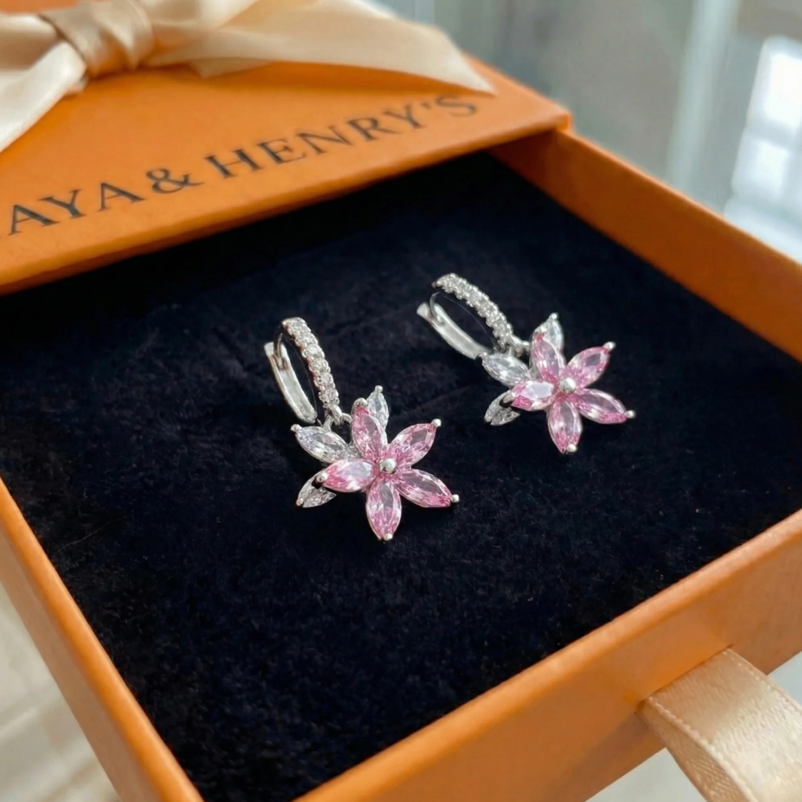 Dahlia Pink Petalburst Earrings | White Gold