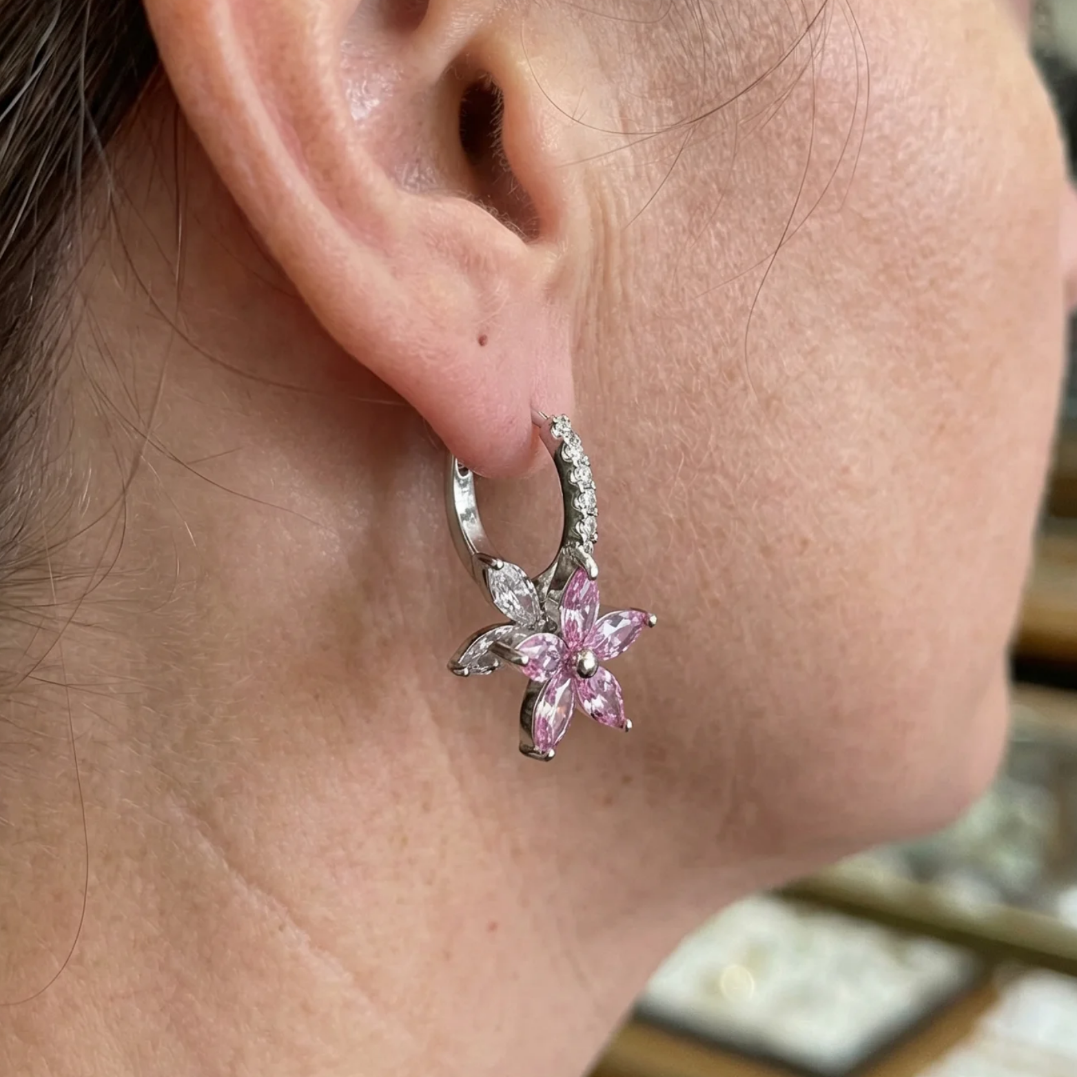Dahlia Pink Petalburst Earrings | White Gold