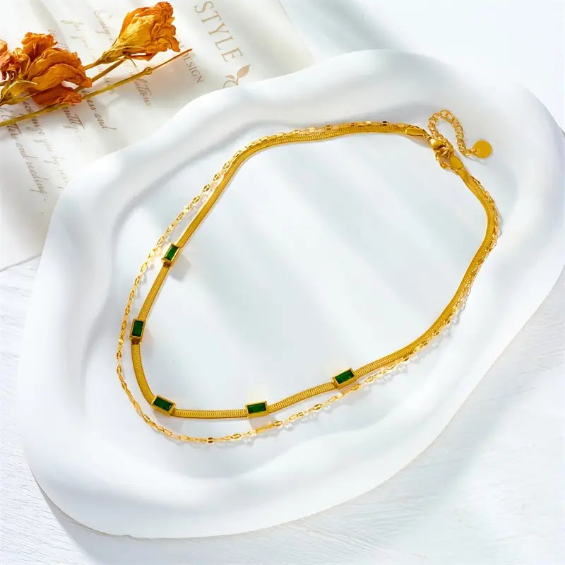 Serena Gem Double-Layer Retro Necklace | Gold